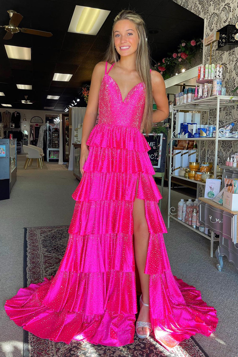 Sparkly Fuchsia Beaded Tiered Spaghetti Straps Long Formal Dress with Slit