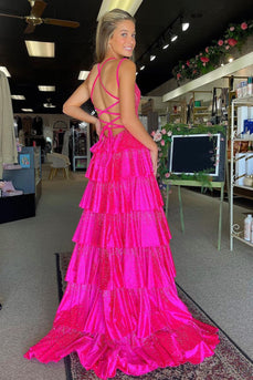 Sparkly Fuchsia Beaded Tiered Spaghetti Straps Long Formal Dress with Slit