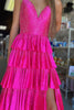 Load image into Gallery viewer, Sparkly Fuchsia Beaded Tiered Spaghetti Straps Long Formal Dress with Slit