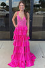 Load image into Gallery viewer, Sparkly Fuchsia Beaded Tiered Spaghetti Straps Long Formal Dress with Slit