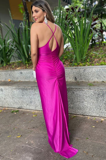 Fuchsia V-Neck Mermaid Backless Long Formal Dress with Slit