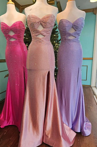 Sparkly Pink Sweetheart Beaded Long Formal Dress with Slit