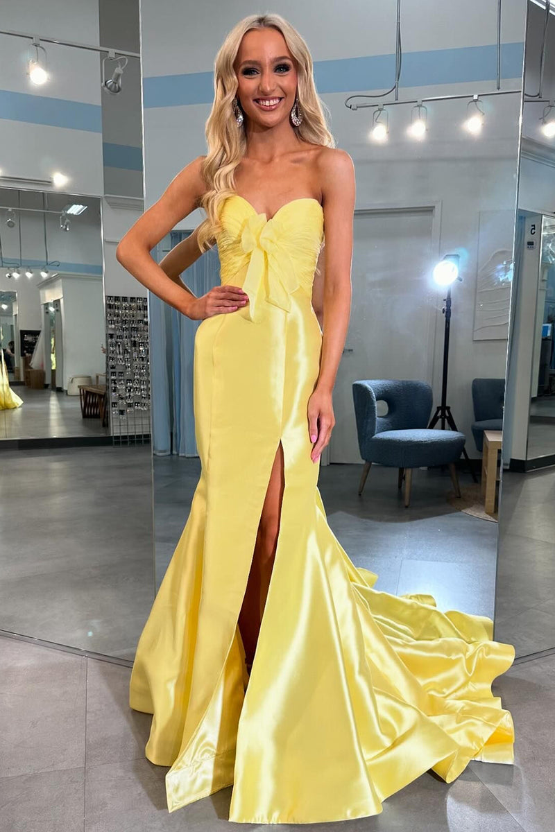 Load image into Gallery viewer, Yellow Mermaid Sweetheart Satin Long Formal Dress with Slit