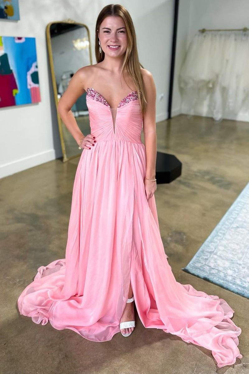 Load image into Gallery viewer, Pink A Line Strapless Beaded Long Formal Dress with Slit