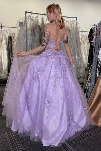 Sparkly Lilac Corset Spaghetti Straps A Line Long Tulle Formal Dress