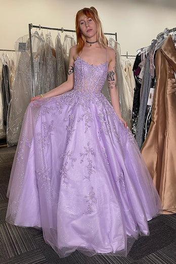 Sparkly Lilac Corset Spaghetti Straps A Line Long Tulle Formal Dress