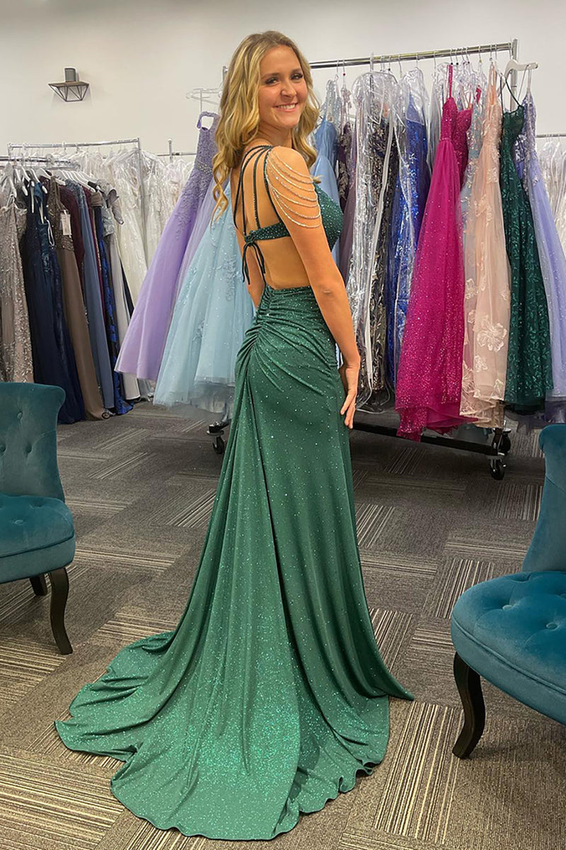 Load image into Gallery viewer, Sparkly Dark Green One Shoulder Long Beaded Prom Dress with Slit