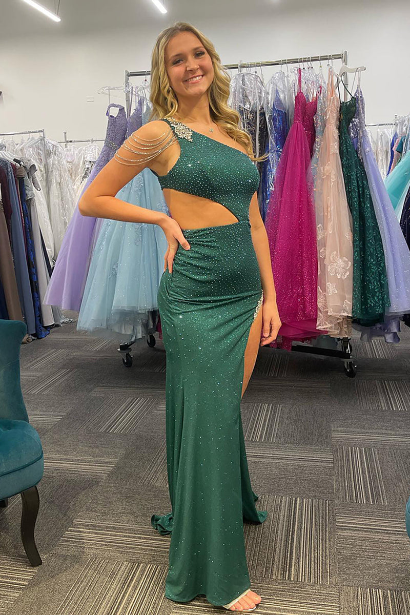 Load image into Gallery viewer, Sparkly Dark Green One Shoulder Long Beaded Prom Dress with Slit