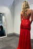 Load image into Gallery viewer, Red Corset Spaghetti Straps Satin Long Formal Dress with Slit