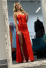 Load image into Gallery viewer, Red Corset Spaghetti Straps Satin Long Formal Dress with Slit