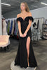 Load image into Gallery viewer, Sparkly Black Off the Shoulder Feathers Long Corset Formal Dress with Slit