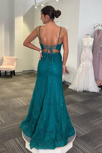 Sparkly Emerald Green Spaghetti Straps Long Corset Formal Dress with Slit