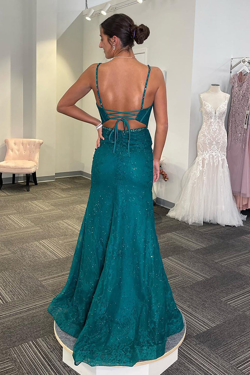 Load image into Gallery viewer, Sparkly Emerald Green Spaghetti Straps Long Corset Formal Dress with Slit