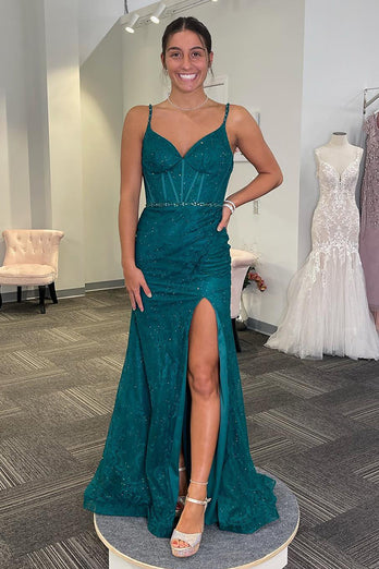 Sparkly Emerald Green Spaghetti Straps Long Corset Formal Dress with Slit