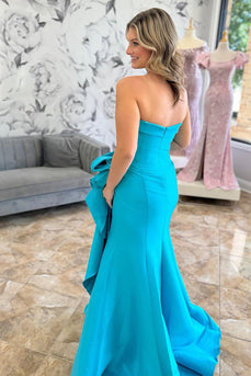 Blue Mermaid Strapless Long Satin Prom Dress