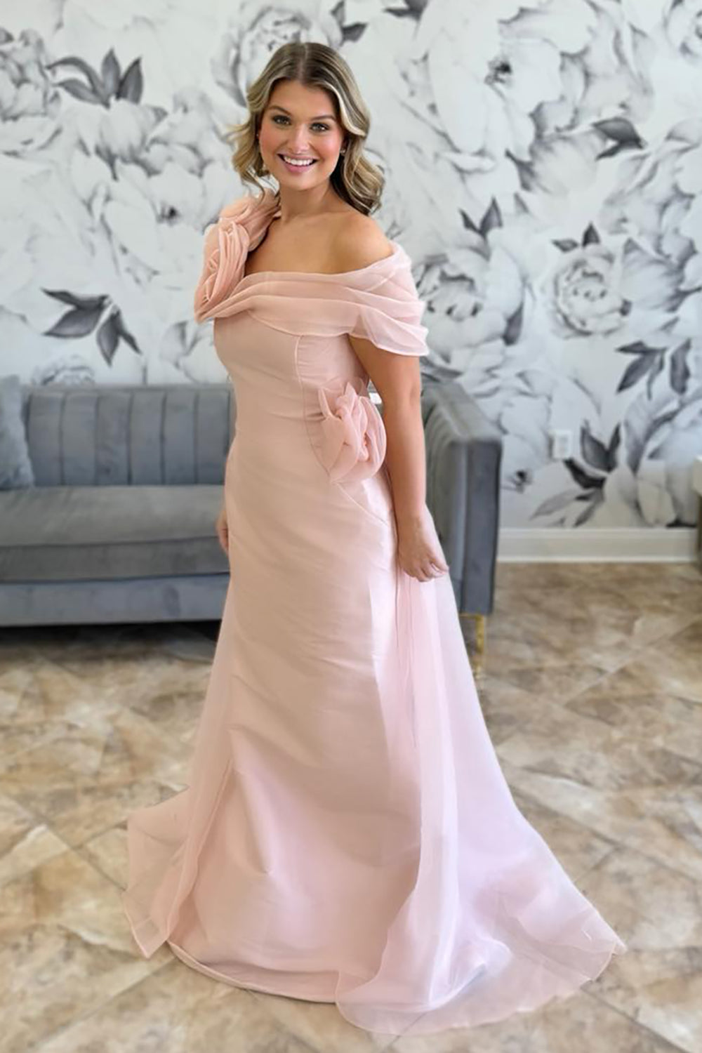 Pink Mermaid Asymmetrical Neck Long Prom Dress with Flowers