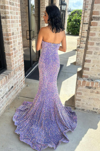 Sparkly Lilac Beaded Sequin Strapless Long Prom Dress with Slit