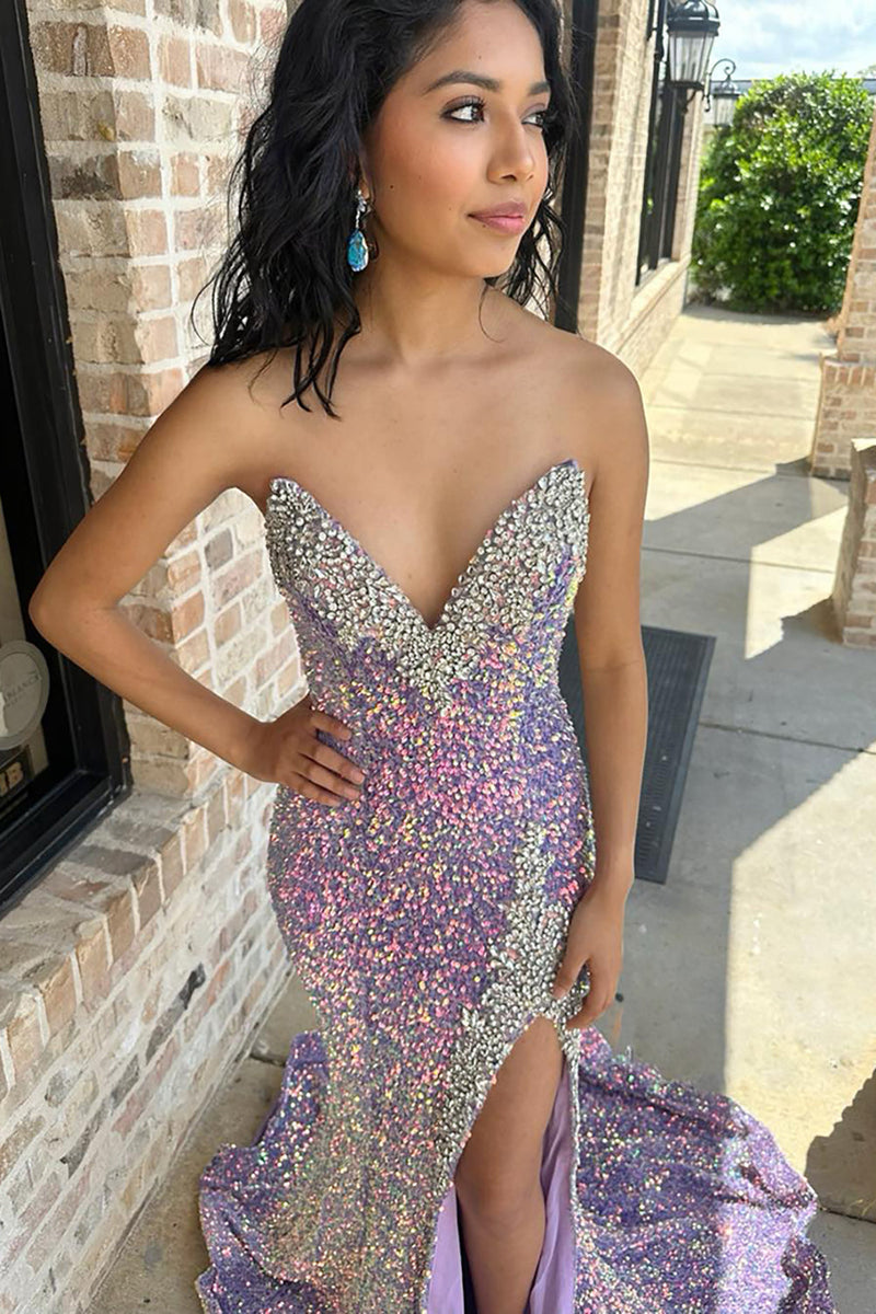 Load image into Gallery viewer, Sparkly Lilac Beaded Sequin Strapless Long Prom Dress with Slit