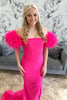 Load image into Gallery viewer, Fuchsia Mermaid Strapless Satin Long Formal Dress with Feathers