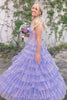 Load image into Gallery viewer, Sparkly Lilac A Line Tiered Long Corset Forma Dress with Slit