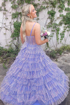 Sparkly Lilac A Line Tiered Long Corset Forma Dress with Slit