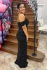 Load image into Gallery viewer, Sparkly Black Cold Shoulder Sequin Long Corset Formal Dress with Slit