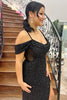 Load image into Gallery viewer, Sparkly Black Cold Shoulder Sequin Long Corset Formal Dress with Slit