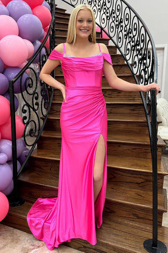 Sparkly Fuchsia Cold Shoulder Long Satin Prom Dress with Slit