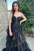 Load image into Gallery viewer, Sparkly Black Floral Strapless Tiered Long Corset Formal Dress with Slit