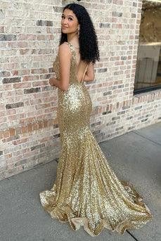 Sparkly Gold Sequin V-Neck Mermaid Long Prom Dress