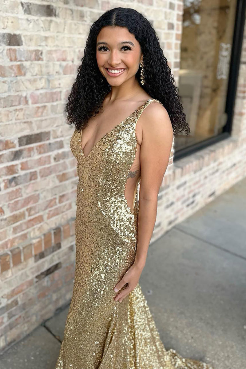 Load image into Gallery viewer, Sparkly Gold Sequin V-Neck Mermaid Long Prom Dress