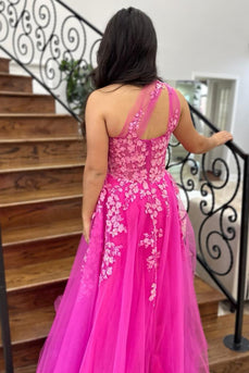 Floral Fuchsia A Line One Shoulder Long Corset Prom Dress