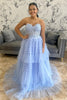 Load image into Gallery viewer, Sparkly Light Blue Sweetheart Tiered Tulle Long Corset Formal Dress