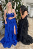 Load image into Gallery viewer, Sparkly Royal Blue Spaghetti Straps Tiered Long Corset Prom Dress with Slit