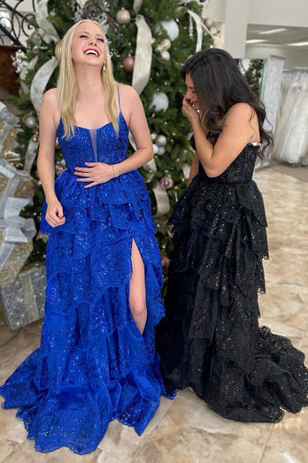 Sparkly Royal Blue Spaghetti Straps Tiered Long Corset Prom Dress with Slit