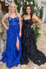 Load image into Gallery viewer, Sparkly Royal Blue Spaghetti Straps Tiered Long Corset Prom Dress with Slit