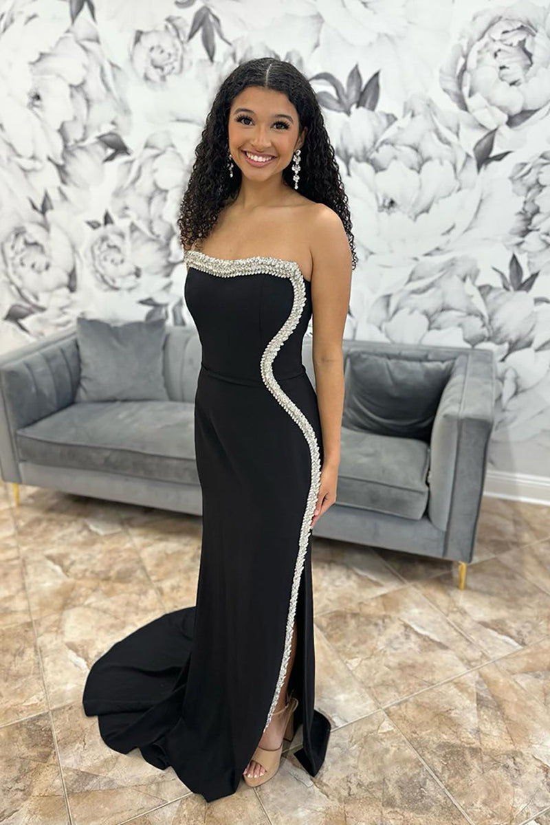 Load image into Gallery viewer, Sparkly Black Strapless Mermaid Long Beaded Formal Dress with Slit