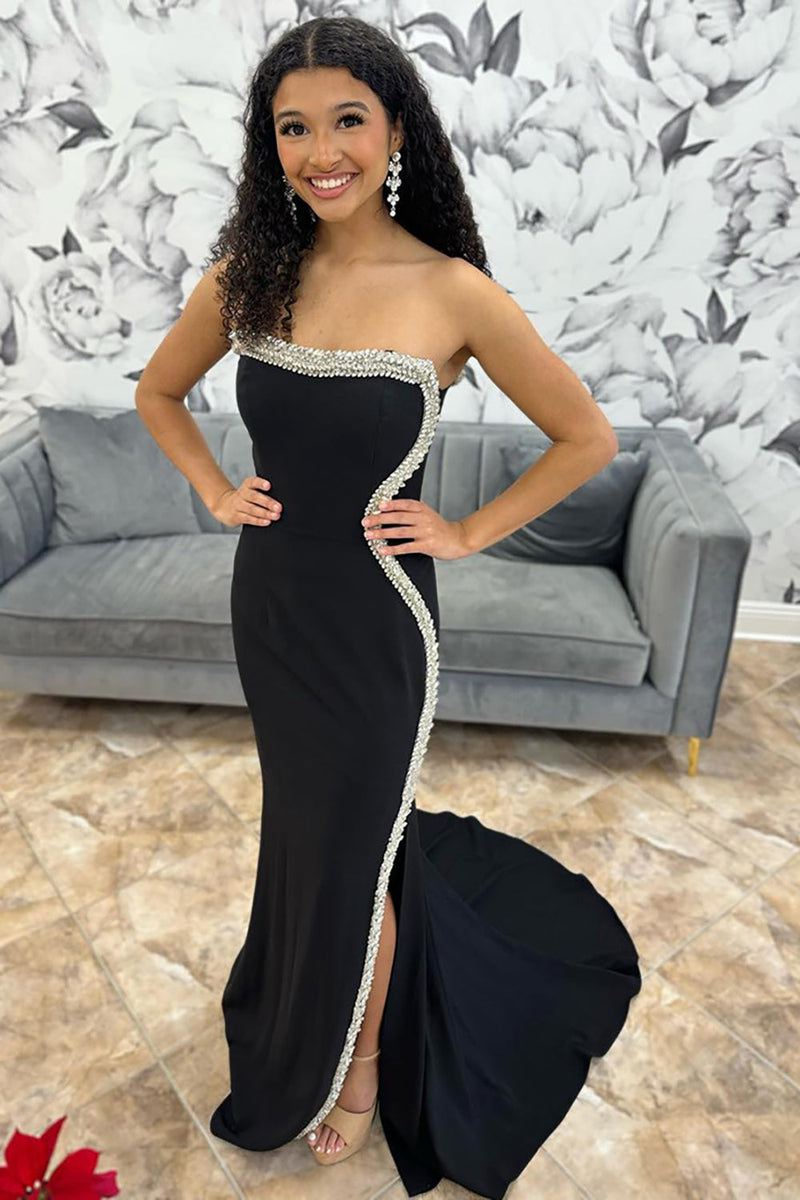 Load image into Gallery viewer, Sparkly Black Strapless Mermaid Long Beaded Formal Dress with Slit