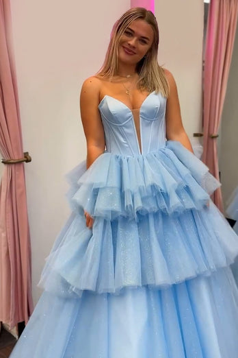 Sparkly Blue Corset Tiered Strapless Long Formal Dress