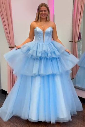 Sparkly Blue Corset Tiered Strapless Long Formal Dress