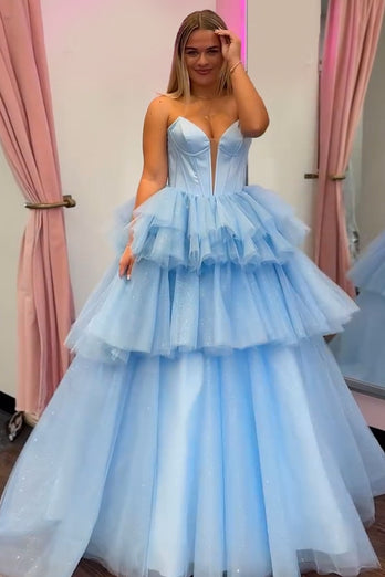 Sparkly Blue Corset Tiered Strapless Long Formal Dress