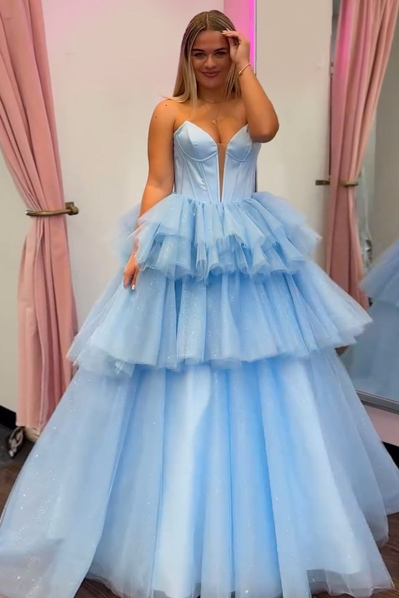 Load image into Gallery viewer, Sparkly Blue Corset Tiered Strapless Long Formal Dress