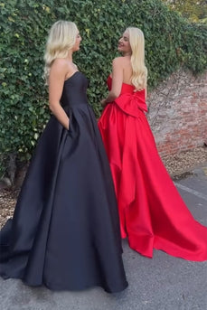 Elegant Red Strapless A Line Satin Long Formal Dress with Bow