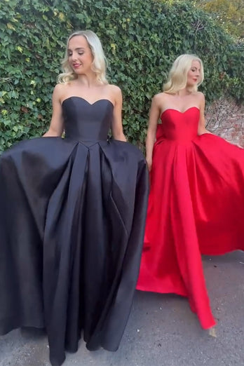 Elegant Red Strapless A Line Satin Long Formal Dress with Bow