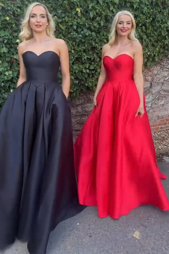 Elegant Red Strapless A Line Satin Long Formal Dress with Bow