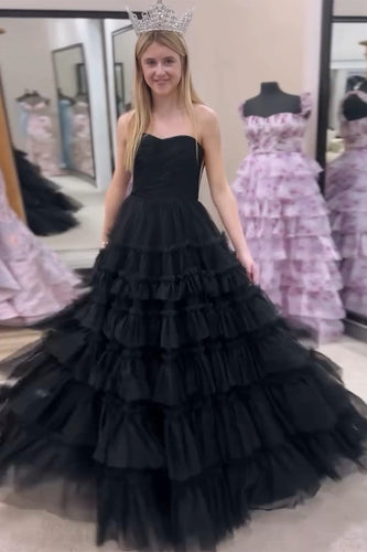 Black Strapless A Line Tiered Long Tulle Formal Dress