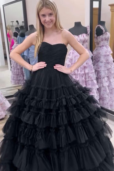 Black Strapless A Line Tiered Long Tulle Formal Dress