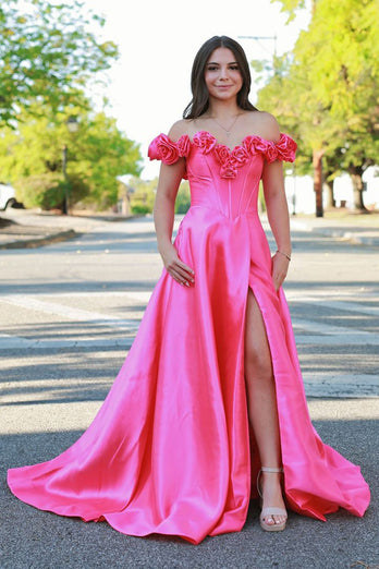 Red Corset A Line Off The Shoulder Long Formal Dress with Flowers