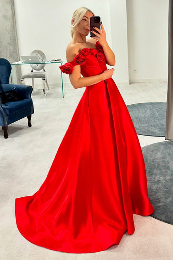 Red Corset A Line Off The Shoulder Long Formal Dress with Flowers