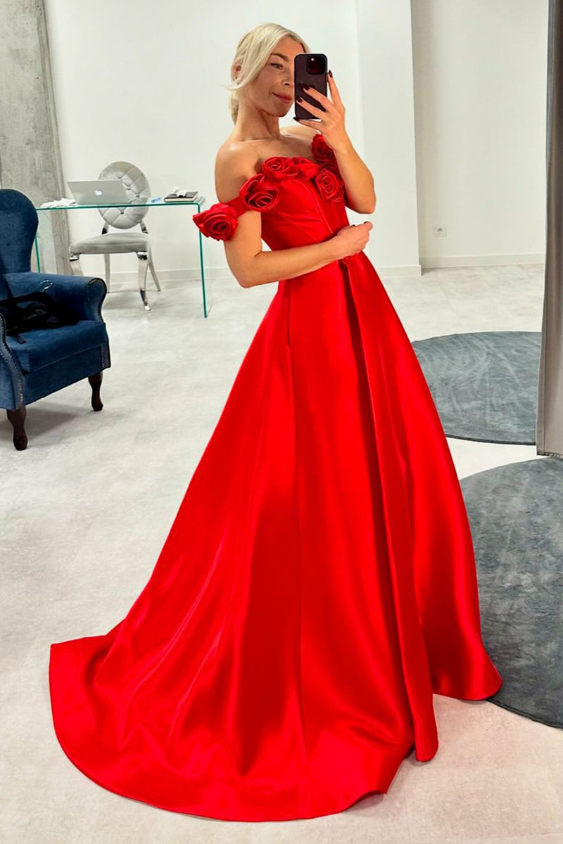 Load image into Gallery viewer, Red Corset A Line Off The Shoulder Long Formal Dress with Flowers